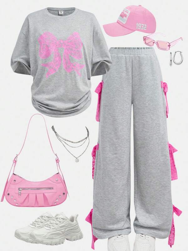 Girlism Teen Girls Grey Knitted Bow Print Round Neck Short Sleeve Loose T-Shirt And Plain Color Bow Decor Casual Pants Two Pieces Suit,Cute And Sweet, Sports College, Back To School Season, Clean Girl, Street Fashion