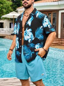 Manfinity Swimmode 加大码男士热带植物印花短袖衬衫和短裤沙滩套装，夏威夷男士度假服，男士度假装，男士度假服，男士泳池派对装，男士巴哈马装，男士夏威夷衬衫