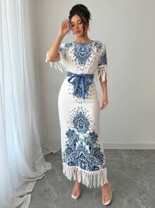SHEIN Unity Round Neck Side Slit Hem Print Long Dress For Women - Blue - View 4