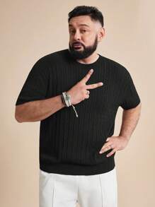 EASEVO Plus Size Men's Slim Fit Cable Knit Black Crew Neck Short Sleeve Sweater, School, For Fall Winter