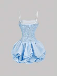 SHEIN MOD 女士蓝色修身褶皱泡泡下摆欧根纱迷你连衣裙，情人节 - 藍色 - 查看 2