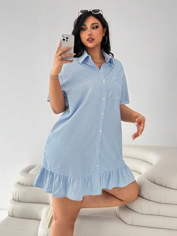 Solflare Navy Blue & White Striped Short Sleeve Ruffle Hem Splice Loose Plus Size Casual Dress, Suitable For Commuting, Back To School, Daily Casual, Dating, Outing