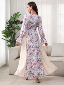 Al Najma 女式立领侧系带花卉印花端庄优雅土耳其和阿拉伯风格长裙，春夏 - 彩色 - 查看 2