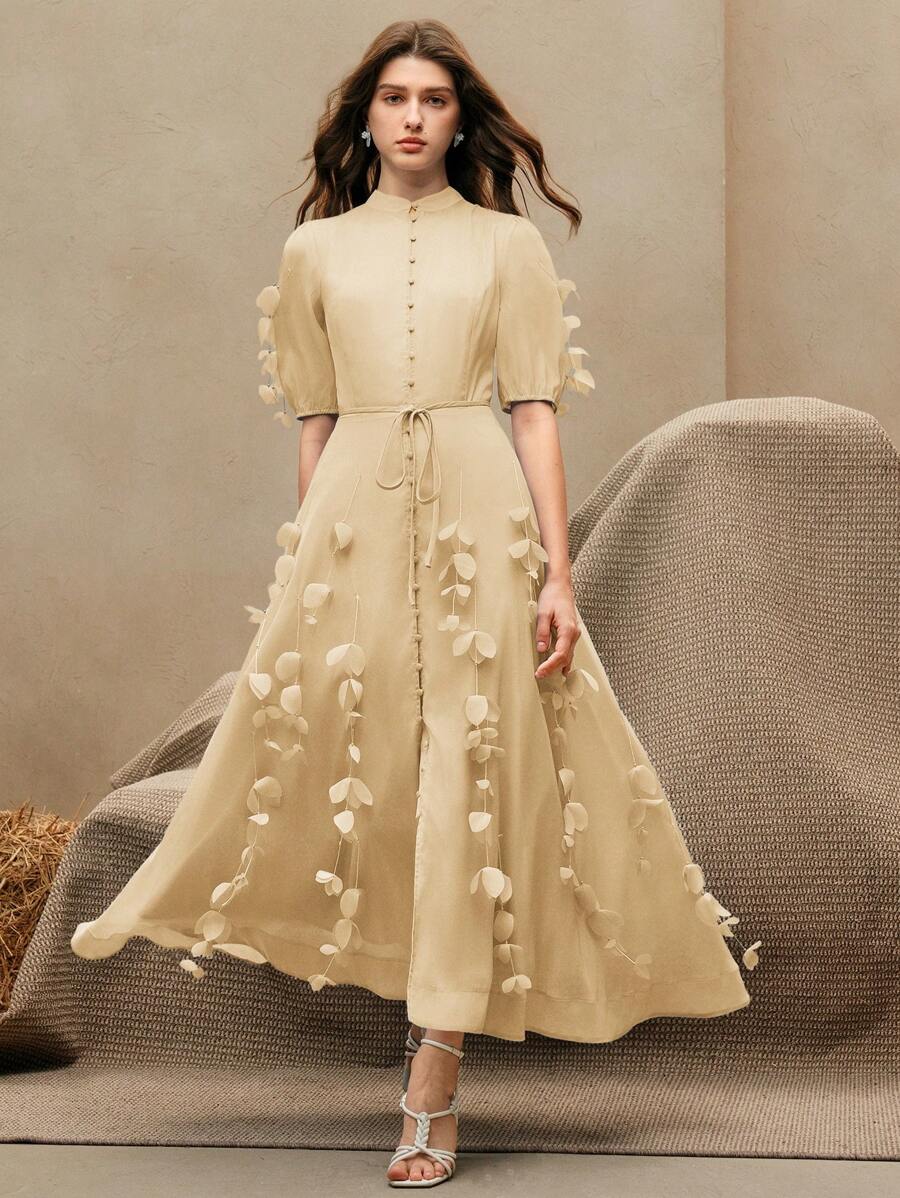 Anewsta Đầm dài tay họa tiết hoa 3D thường ngày cho nữ, thích hợp cho mùa xuân, lễ hội, ngày lễ, thanh lịch - Vàng nhạt - Xem 1