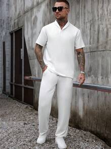 Manfinity Homme Męska jednokolorowa koszulka polo z krótkim rękawem i spodnie, swobodny dwuczęściowy garnitur, letnie męskie zestawy strojów, białe, męskie białe stroje, męskie dwuczęściowe stroje, białe, męskie białe stroje, męskie białe stroje, męskie dwuczęściowe stroje, białe męskie białe stroje - Biały - Zobacz 7