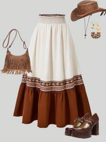 SHEIN Explorewe Teen Girls Elastic Waist Colorblock Printed Mini Skirt - Apricot - View 1