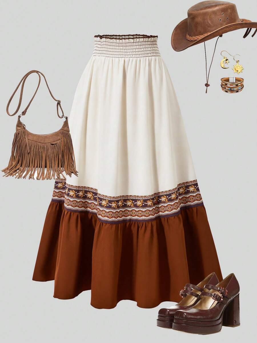 SHEIN Explorewe Teen Girls Elastic Waist Colorblock Printed Mini Skirt - Apricot - View 1