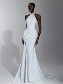 Elitara Elegant White Satin Shiny Elastic Minimalist Luxurious Halter Fishtail High Slit Backless Removable Rhinestone Chain Extra Long Trailing Dress, Suitable For Outdoor, Lawn, Beach, Wedding, Evening Party, Formal Occasion, Bride - White - View 6