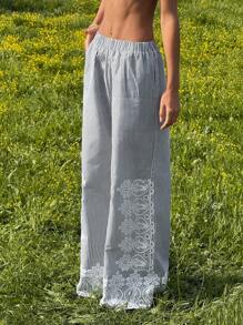 SHEIN EZwear 女式蕾丝拼接条纹口袋阔腿裤 - 灰色 - 查看 4