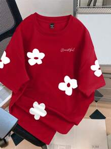 Chillumni 男士休闲花卉字母印花 T 恤，夏季 - 紅色 - 查看 2