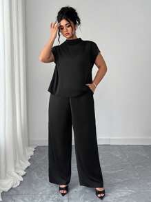 Elenzga Set de 2 piezas Talla grande Camisa informal elegante de tejido sólido sin mangas y Pantalones anchos de pierna de tejido sólido, Conjunto de ocio para mujer