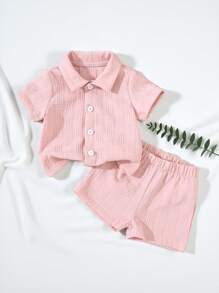 SHEIN Vintaside Kids 纹理衬衫和短裤街头时尚幼儿男婴服装