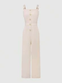 SHEIN Unity Women's Vintage Versatile Spring/Summer All-Match Button Decorated Wide Straps With Pocket Overall Woven Wide-Leg Jumpsuit, Apricot Color - Apricot - View 1