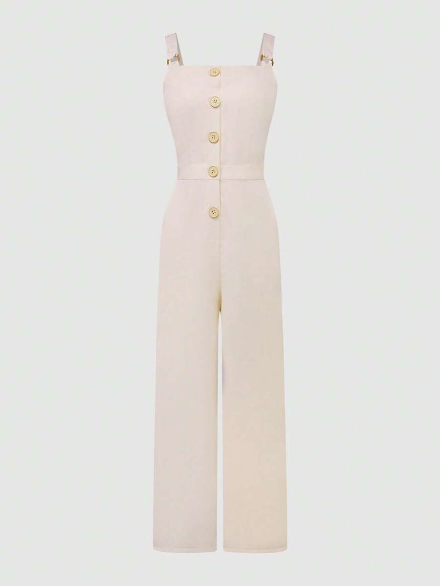 SHEIN Unity Women's Vintage Versatile Spring/Summer All-Match Button Decorated Wide Straps With Pocket Overall Woven Wide-Leg Jumpsuit, Apricot Color - Apricot - View 1