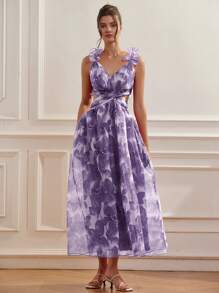 GENKIRA Italian Style Romantic Elegant Sexy Cross Strap Ruffle Hem Cami Design Cutout Waist V-Neck Organza Vibrant Red Floral Print Dress For Valentine's Date, Sleeveless Maxi - Purple - View 2