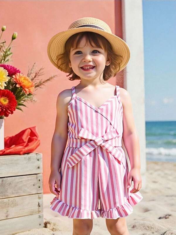SHEIN Young Girl Cami Pink Striped With Belt Romper, Suitable For Summer