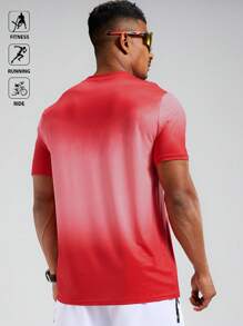 Manfinity Sport Polished Men's Letter Ombre Round Neck Short Sleeve Sports T-Shirt Workout Clothes Running Tees & Tanks, Men Gym Shirt, Sports Outfit Gym Gradient, Men S Dry Fit Shirt, Men Sports Wear, Dry Fit Workout Tops - Red - View 4