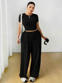 Flirla Set de 2 piezas: Top de punto de cuello redondo informal y pantalones anchos de cintura alta para mujer, conjunto de verano