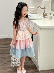 DAZY Vestido de fiesta de cumpleaños de cuello redondo con volantes de tul grueso para niñas (pequeño), de verano