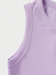 SHEIN 2pcs Young Girl Knitted Casual Sunflower Print Vest And Shorts Set, Fitted, Suitable For Summer Daily Wear - Purple - View 4