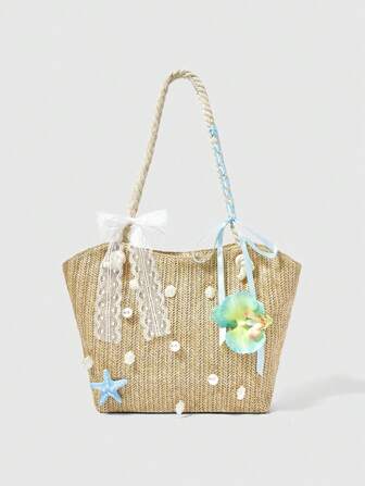 Kawaii 1 Stück Strandtasche im Boho-Stil, Cut Out gewebte Tasche mit Muscheldekor, Fischschwanz und tropischen Blumen für Frauen, ideal für den Urlaub (inklusive DIY Dekormaterialien)
