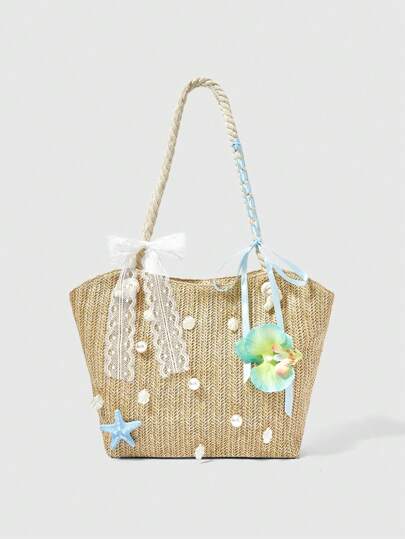 Kawaii 1 Stück Strandtasche im Boho-Stil, Cut Out gewebte Tasche mit Muscheldekor, Fischschwanz und tropischen Blumen für Frauen, ideal für den Urlaub (inklusive DIY Dekormaterialien)