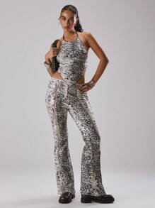 MUSERA Distressed All Over Print Sequin Flare Trousers Spring, Summer, Holiday, Vacation, Ibiza, Festival, Rave, Cool Girl, Shipwrecked