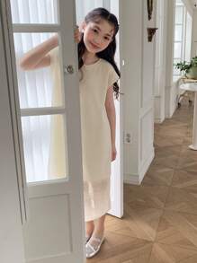 Hapijoa Tween Girls' Casual Solid Color Dress, Summer - Beige - View 4