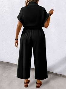 Joress Women's Plus Size Solid Color Short Sleeve Turndown Collar With Belt And Pockets Casual Jumpsuit