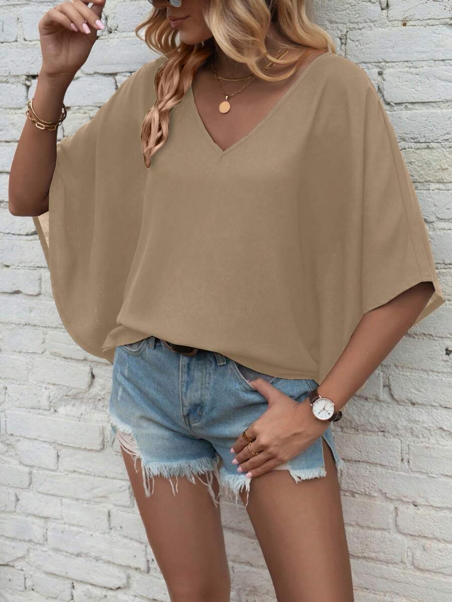 EMERY ROSE 女式纯色 V 领蝙蝠袖短袖宽松休闲衬衫，夏季