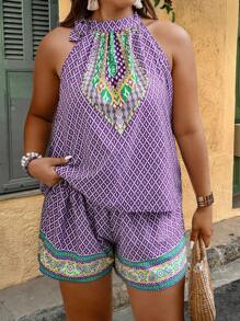 Breezaya 2pcs/Set Plus Size Random Print Halter Neck Top And Shorts Set, Casual Vacation Outfit - Mauve Purple - View 5
