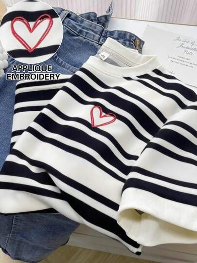 SHEIN Camiseta de cuello redondo para mujer con bordado - Blusa casual de cuello redondo - Camiseta ligera adecuada para todas las estaciones