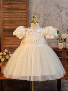 SHEIN Glamorique Kids Young Girl Princess Dress, Floral 3D Applique Tulle Puff Sleeve Birthday Party Wedding Holiday Gown, Apricot, Middle East & European Style, All Season - Apricot - View 4