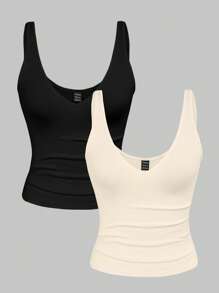 INAWLY 2pcs Summer Leopard Print & Solid Color V-Neck Fitted Cropped Tank Tops For Women , Basic Tops - Multicolor - View 3