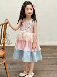 DAZY Vestido de fiesta de cumpleaños de cuello redondo con volantes de tul grueso para niñas (pequeño), de verano