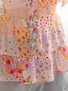 Soleia Blouse peplum à imprimé floral rose pour femmes grandes tailles avec manches courtes. Décontractée et fraîche pour l'extérieur/le thé de l'après-midi. Chemises d'été pour femmes - Multicolore - Voir 4