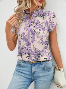 SHEIN Clasi 女式度假花卉印花荷叶边系带衬衫，夏季 - 紫色 - 查看 7