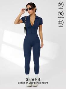 Easithlete Solid Color Collared Short Sleeve Slim Fit Activewear Jumpsuit - Navy Blue - View 3