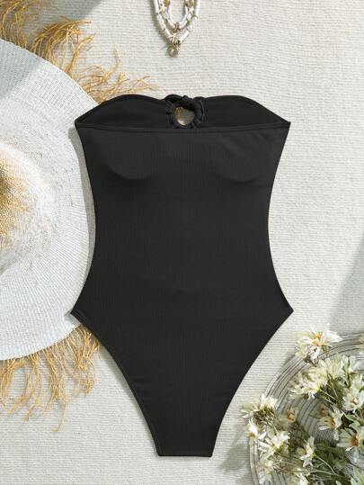 Swim Vcay 1 pièce Maillot de bain monokini élégant sans bretelles marron côtelé avec décoration de toile en forme de coquillage pour femmes