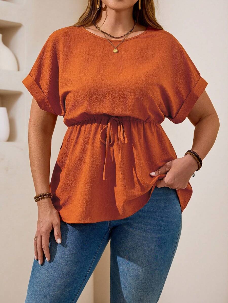 EMERY ROSE Blouse décontractée à manches chauve-souris et col rond, couleur unie, grande taille. Style simple et mode, convient pour l'été, les vacances, le style décontracté d'été, le style boho chic, les concerts country, les festivals de vacances, la plage - Orange - Voir 1