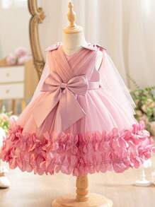 SHEIN Glamorique Kids New Spring Summer Girls Party Flower Girl Dress, Lovely Fluffy Flower Bow Sleeveless Wedding Party Princess Dress Wedding Dusty Pink Elegant - Dusty Pink - View 4
