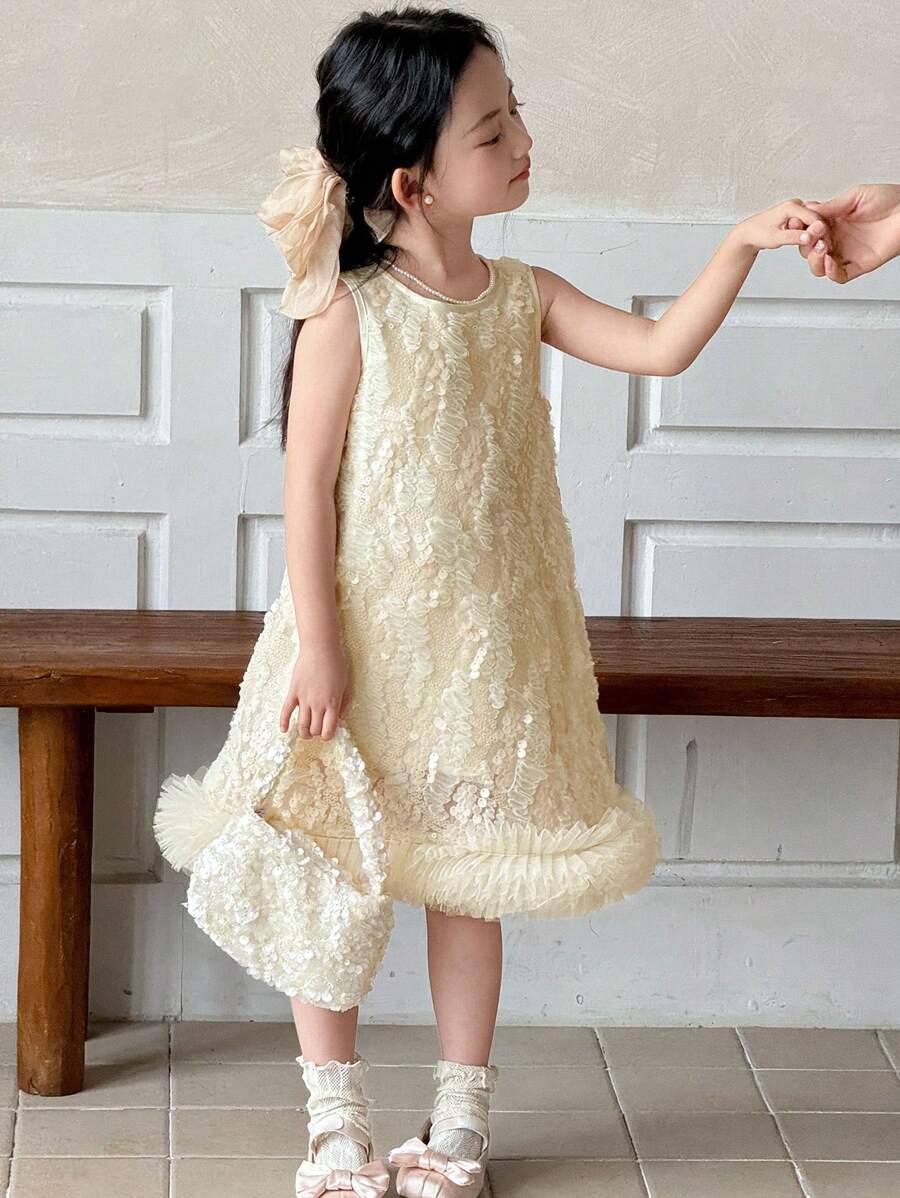DAZY 小女孩圆领重磅刺绣杏色薄纱连衣裙,无袖泡泡裙,生日派对礼服,女孩夏季服装 - 白色 - 查看 1