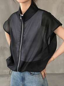FRIFUL Women's Open Front Sheer Short Metal Zipper Contrast Color Plain Short Sleeve Casual Jacket