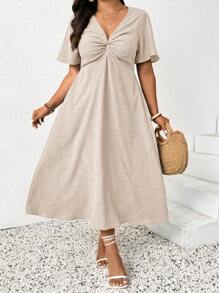SHEIN Frenchy Große Größen Damen einfarbiges minimalistisches Twist Knoten V-Ausschnitt Kurzarm A-Linien Kleid