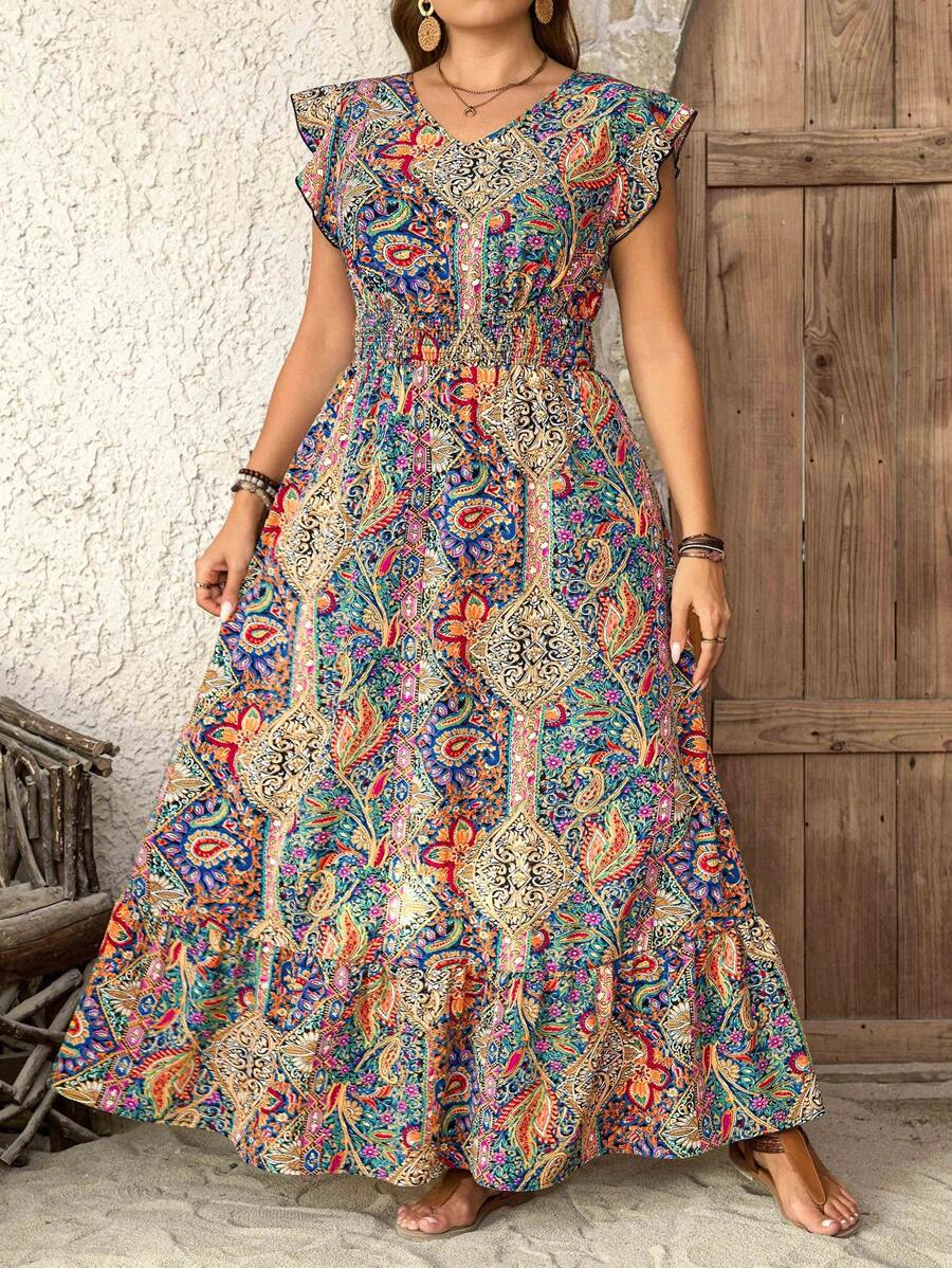 SHEIN LUNE 大码夏季度假佩斯利印花连衣裙