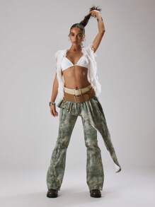 MUSERA Flare Print Jeans With Asymmetrical Frill Overlay Skirt Summer Holiday Vacation Ibiza Festival Rave Cool Girl Shipwrecked Concert Spring - Multicolor - View 2