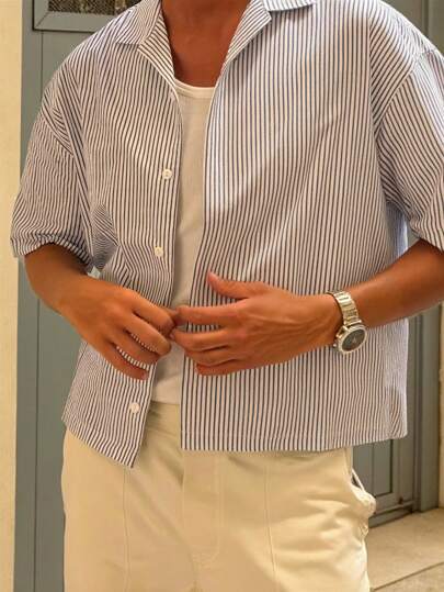 Manfinity Dauomo Men's Casual Striped Short Sleeve Shirt For Summer