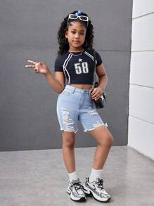 Tween Girls Y2K Spring Summer Break Light Washed High Waist Ripped Raw Hem Denim Jeans Long Shorts,Girls Summer Beach Boho Vacation Summer Denim Biker Shorts, Summer Concert Festival Casual Rave Outfits, Girls Summer Brunch Church Graduation Outfits,Streetwear,Back To School Outfits