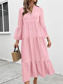 SHEIN LUNE Đầm suông rộng rãi đơn hàng khuy đơn cổ chữ V màu trơn cho nữ, trang phục maxi xuân hè cho nữ - Bụi hồng - Xem 5