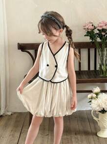 LMoss Kids LMoss 2pcs Set Young Girl Woven Contrast Color Vest And Skirt - Black and White - View 4